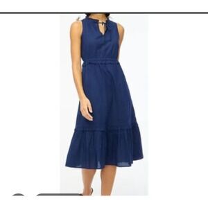J.Crew Navy Blue Cotton Voile Ruffle Tie Neck Elastic Waist Tiered Midi Dress 8